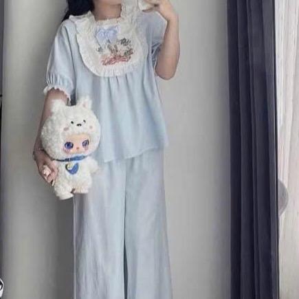 Bộ đồ ngủ pijama cộc tay thỏ yếm thô đũi cổ phối ren tiểu thư Women Nữ (< 60kg, < 1m67) Nhung Áo - Hồng - Voi, Nho 3