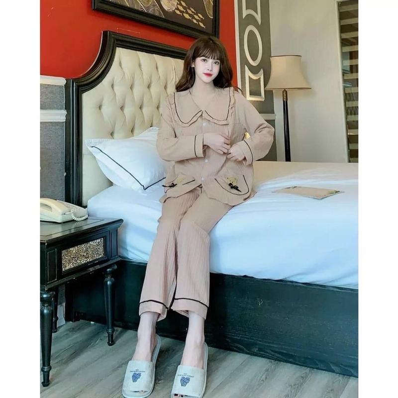 Bộ bầu-bộ sau sinh pijama viền bèo tay dài quần dài.áo có khoá ti,quần chun chỉnh 5