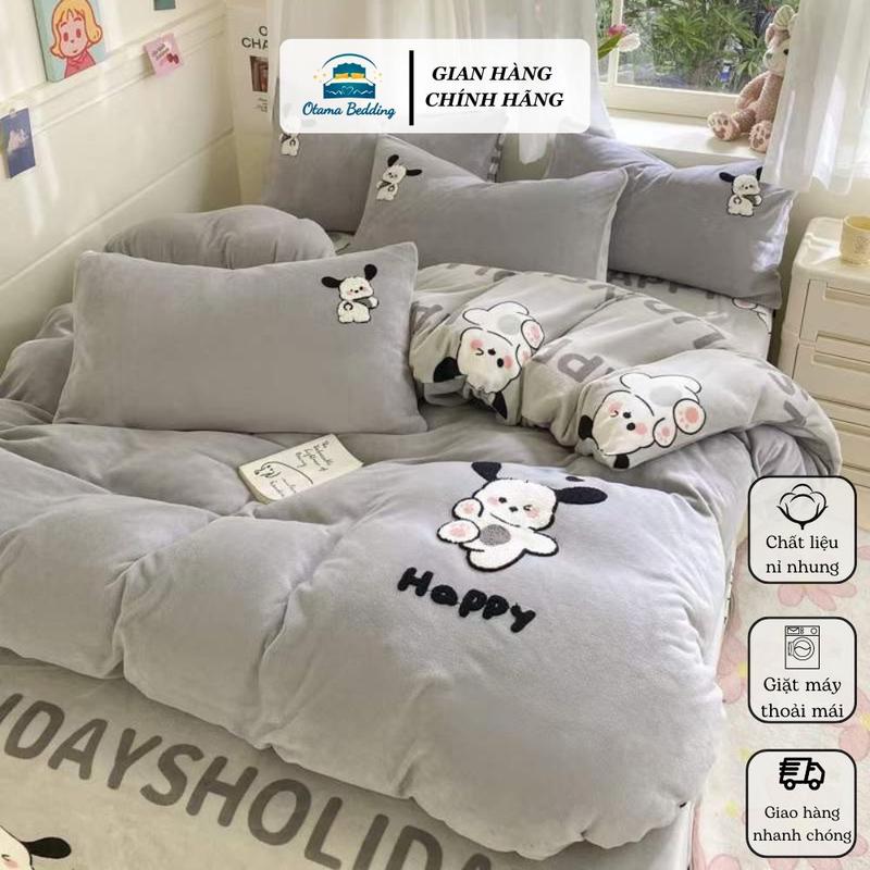 Bộ 4 món vỏ chăn chưa kèm ruột ga gối đệm nỉ nhung mềm mịn siêu ấm nhiều hình cute drap bo chun đủ size 1m6 1m8 2m Otama Bedding