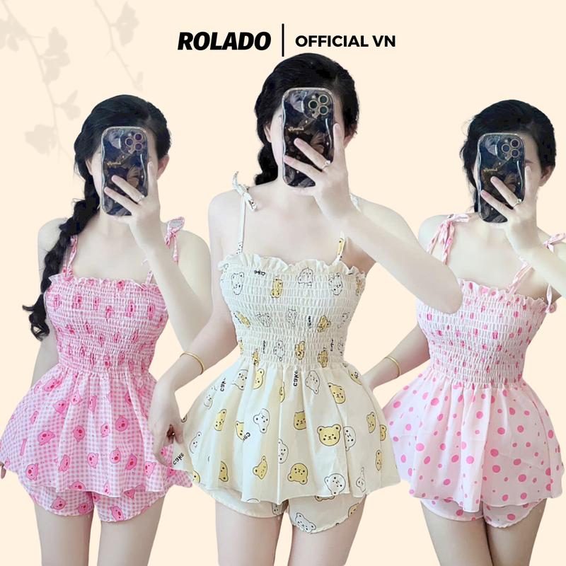  Set bộ nữ 2 dây chất  kate 4 họa tiết heo hồng chấm bi trái tim gấu - Áo 2 dây kèm quần đùi co giãn tốt mặc thoải mái form hot girl ROLADO 