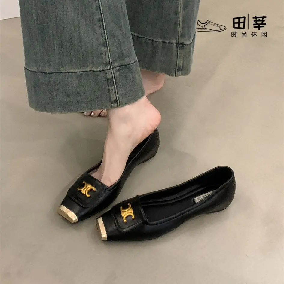 Giày Cao Gót Nữ, Tian Qi, Hàng Mới Về Mùa Lò Xo Và Mùa Thu 2024, Mũi Vuông, Cắt Thấp, Kiểu Lười, Lofter, Colorblock, Dễ Phối Đồ Gommino