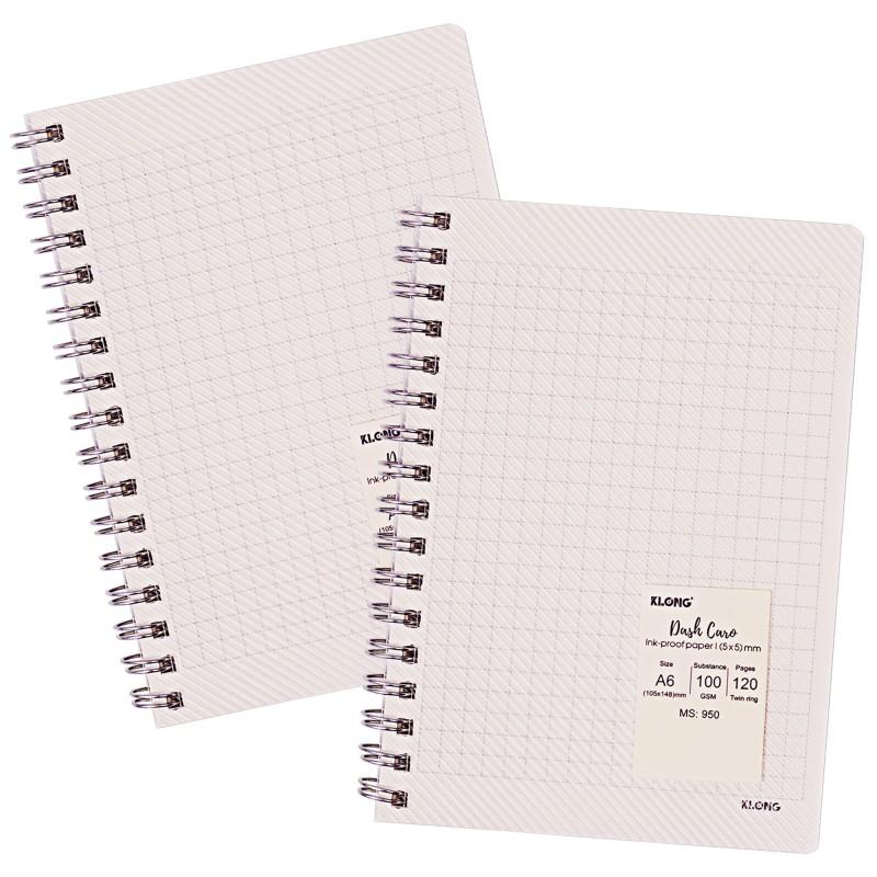 Sổ Dash Caro 5x5 mm lò xo kép bìa nhựa 2 mặt KLONG A6 120 trang 100 76; MS: 950
