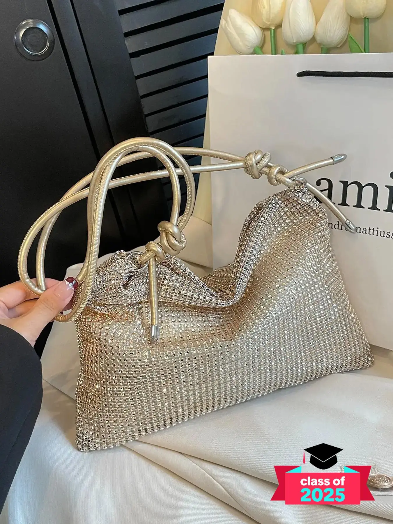 Women's Summer Shiny Rhinestone Decor Evening Bag, 2025 New Fashionable Solid Color Shoulder Bag for Banquet & Wedding Party, Female Elegant Underarm Bag, Ladies Purse