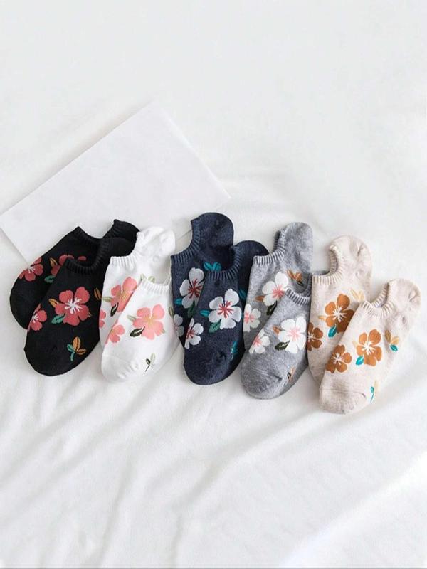 Women's 5 Pairs Floral Print Invisible Socks, Anti-odor Sweat-absorbing Comfortable Breathable Crew Socks, Multipack Low Cut Knit Socks, Women's Hosiery 4