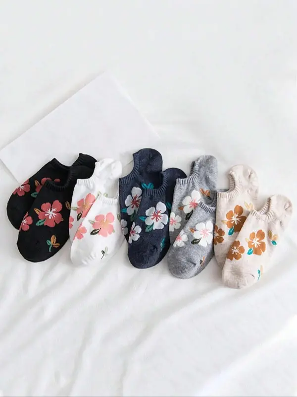 Women's 5 Pairs Floral Print Invisible Socks, Anti-odor Sweat-absorbing Comfortable Breathable Crew Socks, Multipack Low Cut Knit Socks, Women's Hosiery 4