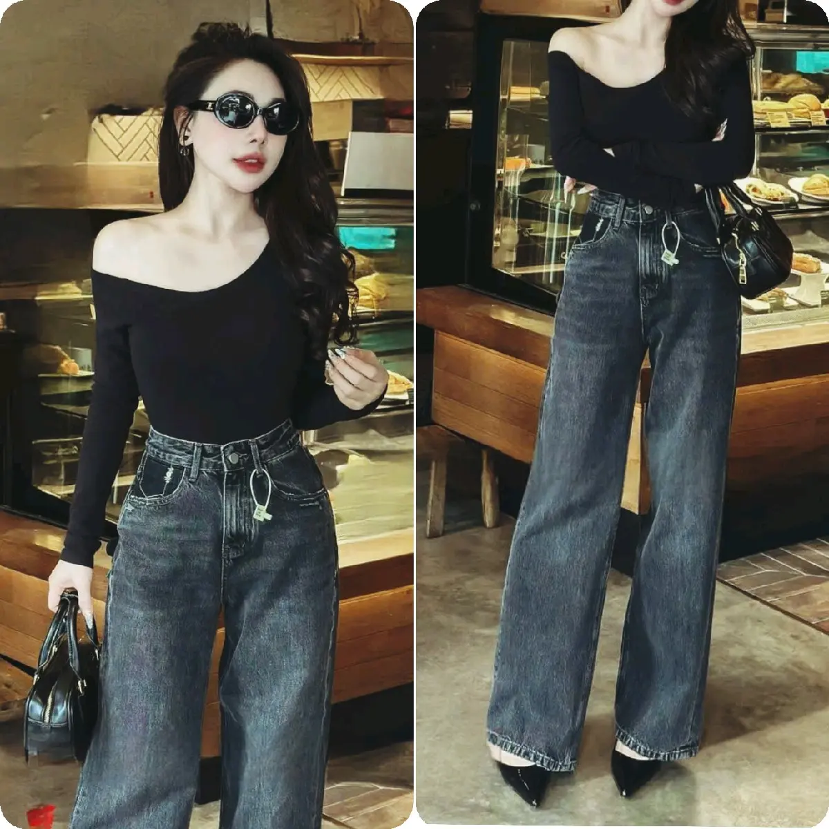HD399 quần jeans đen khói mới phom suônh lưng cao vải Qccc mềm mịn Nữ Women Pants Kem Voi