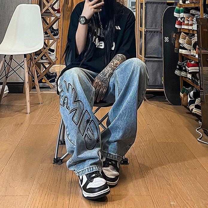 Quần Jean In Họa Tiết Retro Kiểu Mỹ Cho Nam Và Nữ, Quần Ống Rộng Thẳng Dáng Rộng Mới, Thường Ngày, Màu Nâu, Cho Mùa Xuân Và Mùa Thu