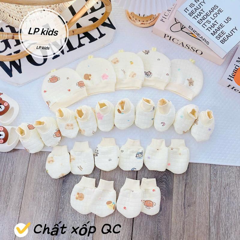  Sét Mũ Kèm Bao Tay Bao Chân Cho Bé Sơ Sinh Thu Đông Bông Xốp Hàn Ấm Áp Mềm Mại Họa Tiết Dễ Thương SM35 