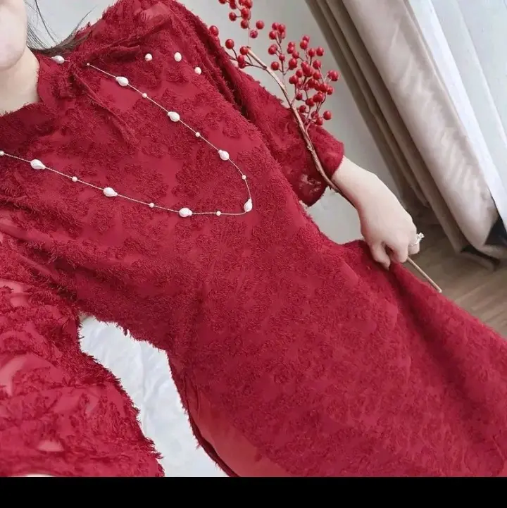 Áo Dài Lông Vũ Hoa Nổi - Dài Cổ Tay, Phối Quần Lụa ( có chun) 5