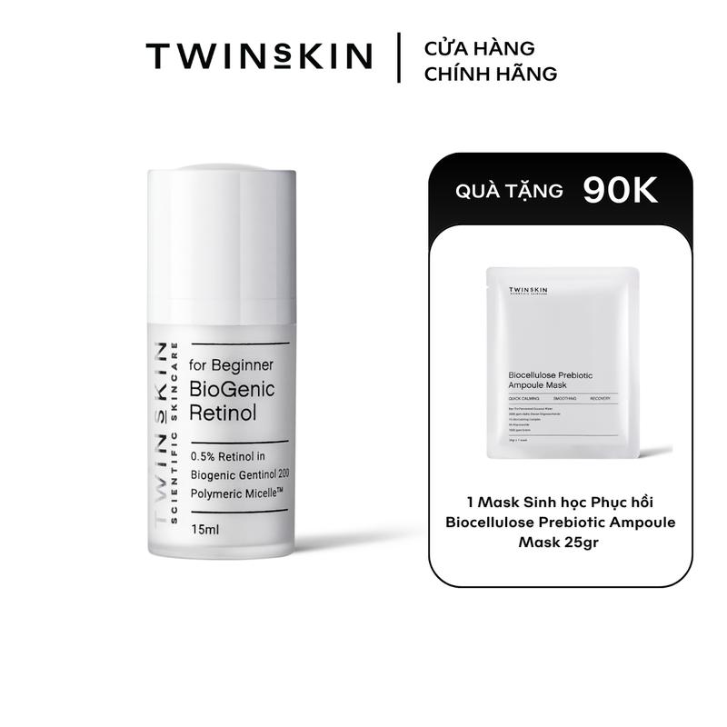 Kem dưỡng dành cho da dầu, mụn, lão hóa CƠ BẢN TWINS SKIN Biogenic Retinol 0.5% For Beginner Travelsize 15ml  TẶNG 1 Miếng mặt nạ Biocellulose Prebiotic Ampoule Mask 25gr