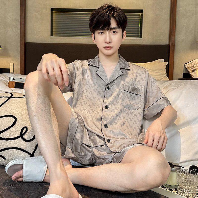 Bộ Đồ Ngủ Lụa Lạnh Dành Cho Nam Giới, Mỏng Mùa Hè, Quần Đùi Ngắn Tay, Lụa Nhân Tạo Cao Cấp, Ngoại Cỡ, Thích Hợp Mặc Nhà Mùa Hè, Bộ Đồ Áo Menswear Nhung 3