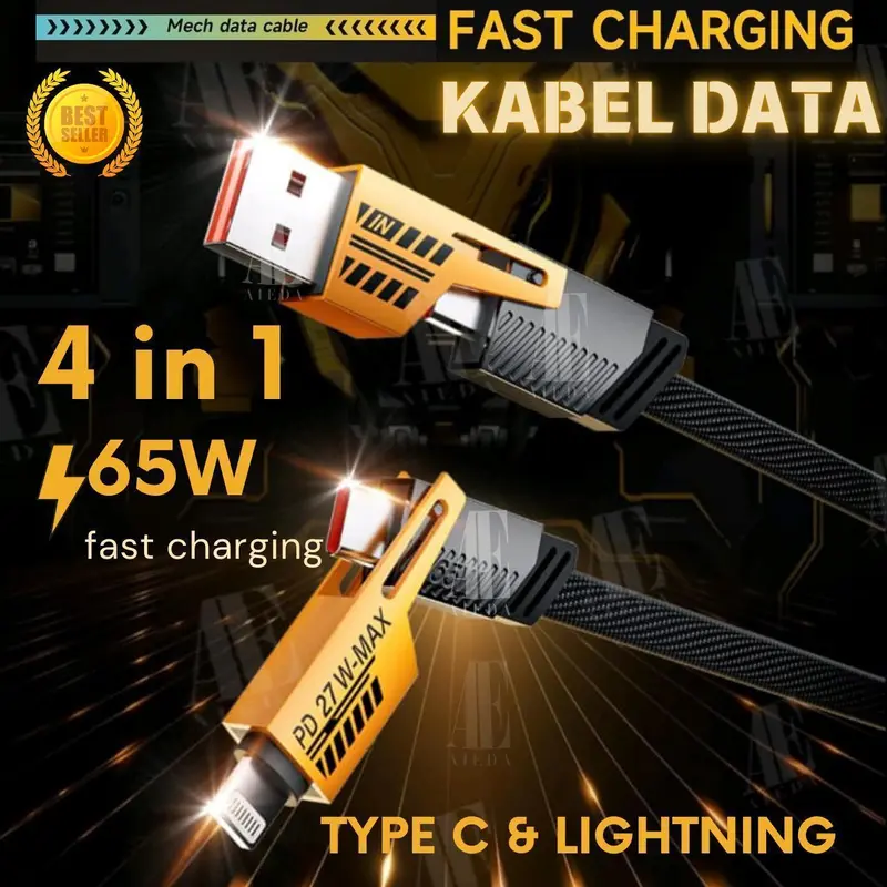 AiEda - Kabel Charger Data 4 in 1 Convertible Metal Fast Charge Cable 65W 3.9 ft Kabel TYPE C & Lightning/Iphone (Tidak Untuk Micro/Usb) Panjang 100Cm 7