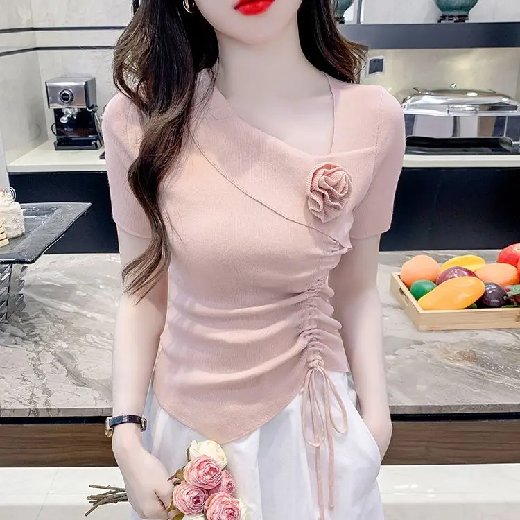 Áo Thun Ngắn Tay Phong Cách Hàn Quốc, Dành Cho Nữ, Thời Trang Mùa Hè Mới 2024, Thiết Kế Độc Đáo Sang Trọng Áo Mặc Bên Ngoài Bất Đối Xứng Dây Rút Ngắn
