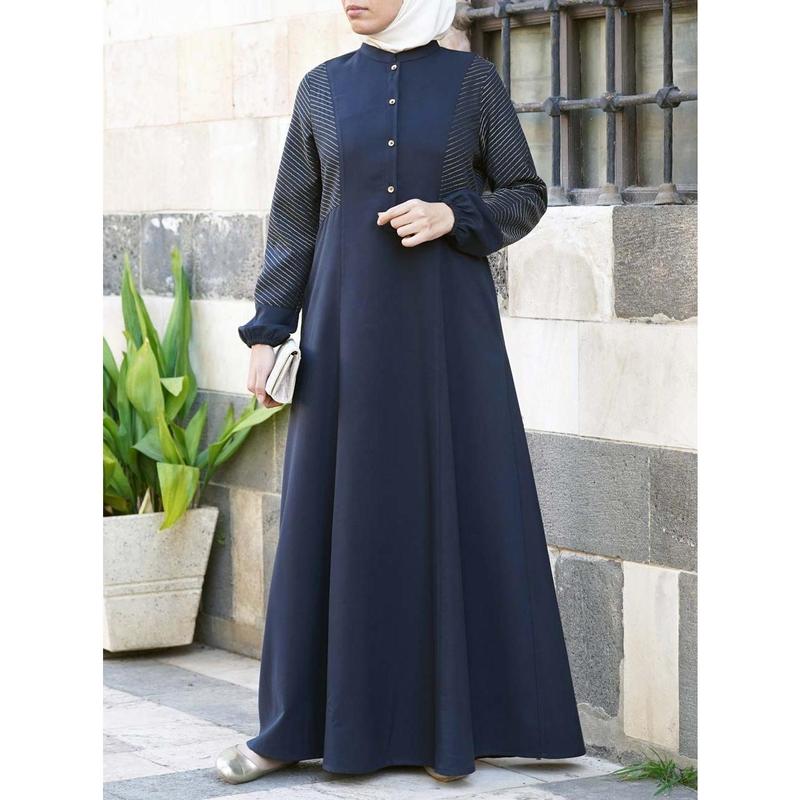 2024 New Arabic Ethnic Style Solid Color Button Patchwork Women's Muslim Long Robe 6