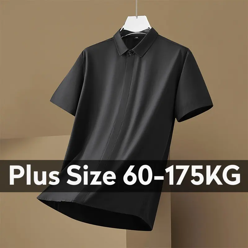[XL-10XL] Men Oversized Korean Plain Short Sleeve Turn Down Collar Black White Blue Shirts