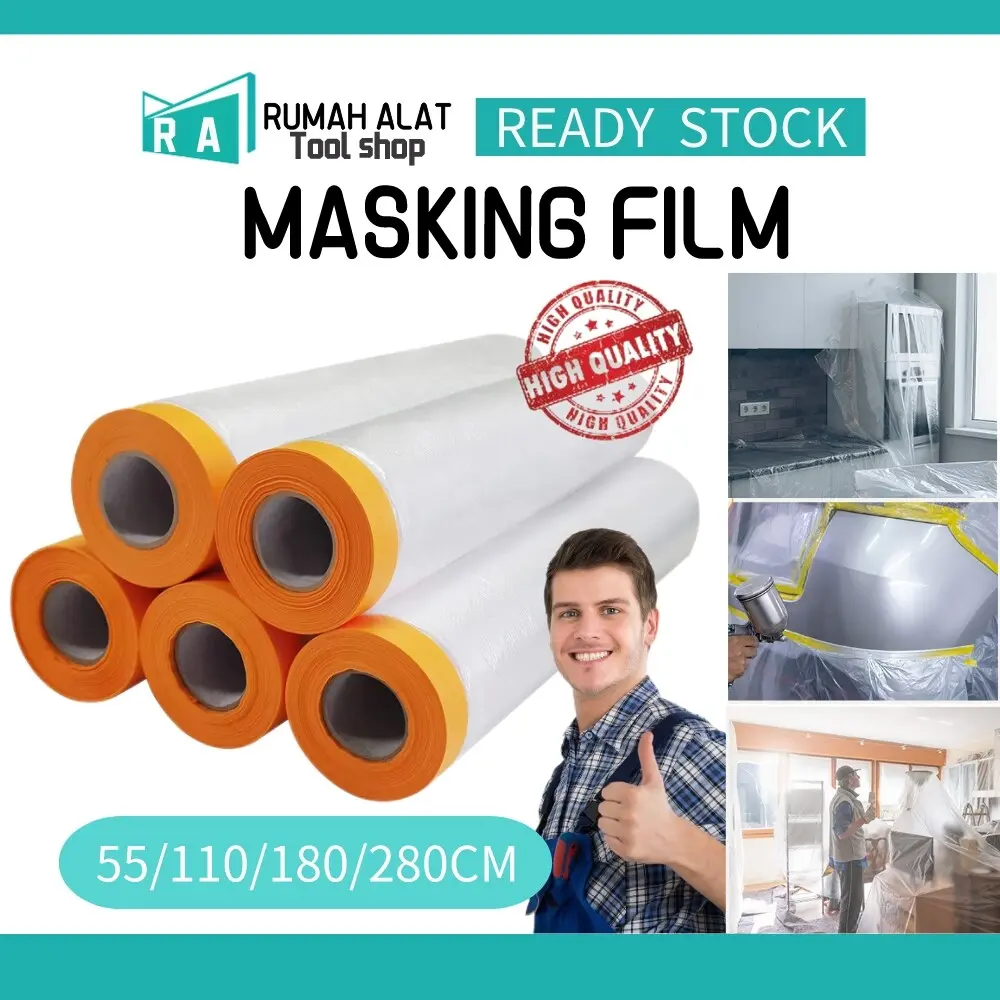 RA Masking Film with Tape 55/110/180/280cm Painting Protection Covering for Plastic Drop Cloth Sheet Spraying Dust Cover Supplies