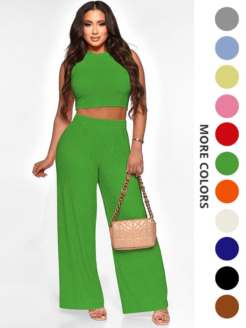 Product Introduction of Two-piece Set Women's Solid Textured Co-ord Set, Casual Round Neck Crop Tank Top & Wide Leg High Waist Pants Set, Ladies Summer Clothes for Daily Wear 2