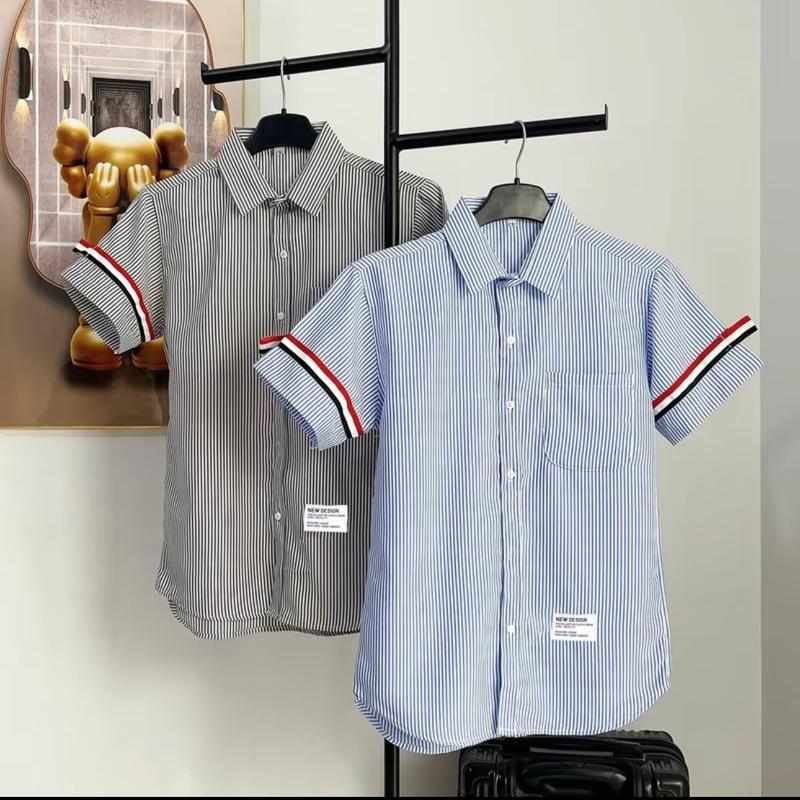 Áo sơ mi nam nữ kẻ sọc xanh xám tay ngắn viền tay vải lụa mịn thoáng mát mẫu mới cao cấp- AN NHIÊN STORE01 Menswear Shirt Kate Cổ Tròn