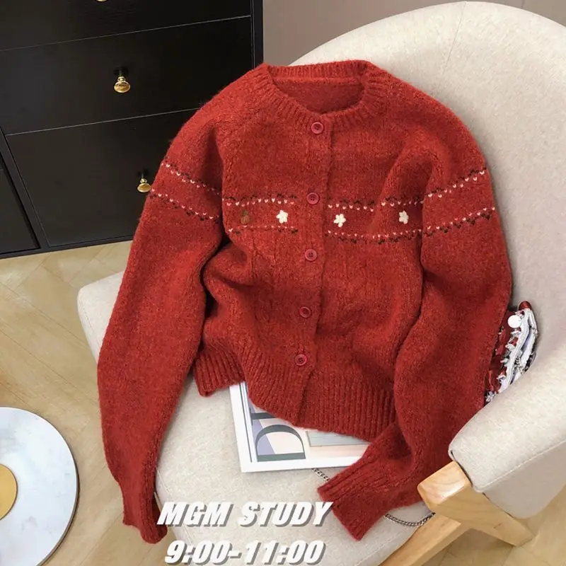Áo Cardigan Dệt Kim, Phong Cách Pháp, Thiết Kế Cổ Điển Mới Mùa Thu Và Mùa Đông, Cỡ Nhỏ Thích Hợp Cho Giáng Sinh, Áo Khoác Jacquard Áo Len, Dành Cho Nữ