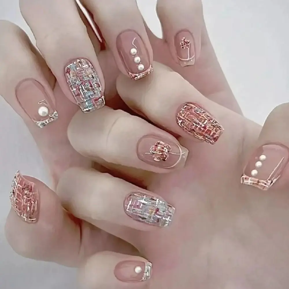 24pcs Detachable Press on Nails Rose Flower Fake Nails Long French French Red Edge Ballerina