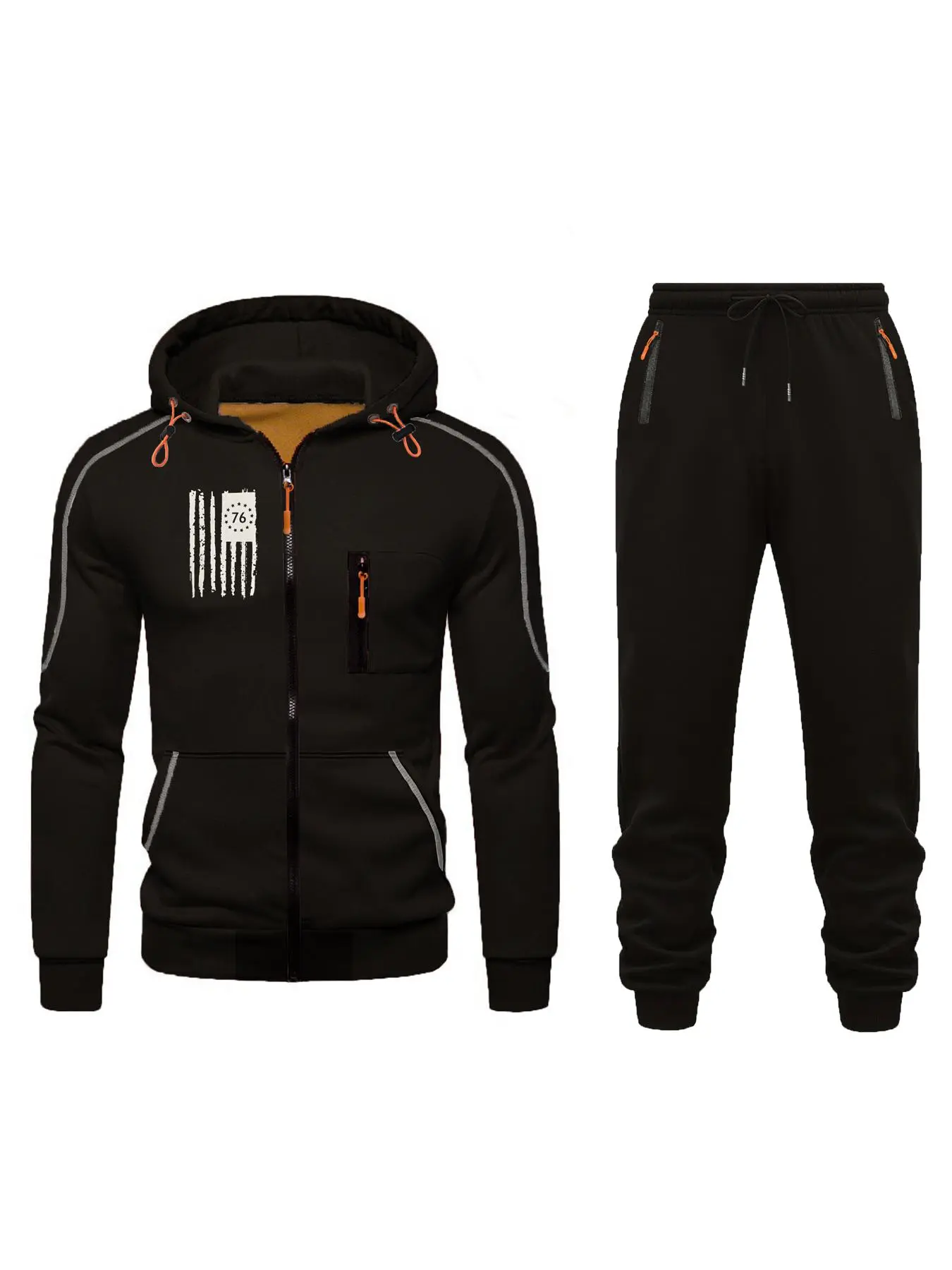 Two-Piece Set Men's Flag Print Zip Up Jacket & Drawstring Waist Sweatpants Set, Regular Fit Casual Fashion Cozy Breathable Outfits for Daily Outdoor Wear, Men Clothes for Fall & Winter