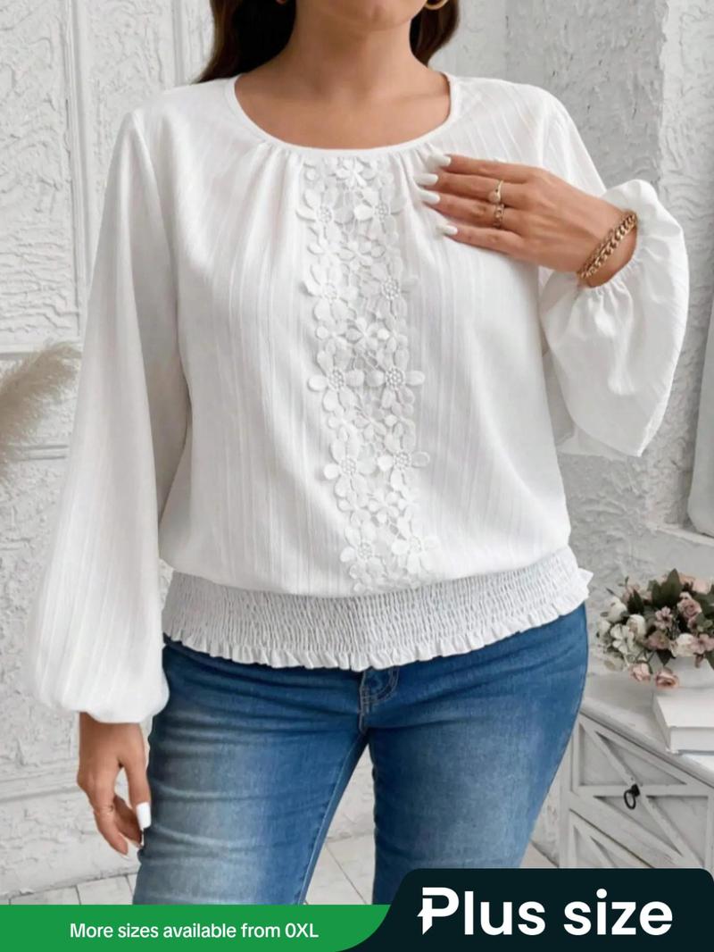 Product Introduction of 【Plus Size】 Floral Lace Trim Blouse, Casual Bishop Sleeve Round Neck Top for Summer, Women's Clothing for Daily Wear 1