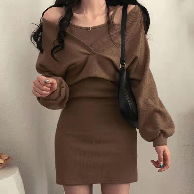 Product Introduction of 2024 Autumn and Winter New French Style Temperament Suspender Skirt + Blouse T-shirt Long Sleeve Suit Female Slim Solid Color Dress Hot Sale 38