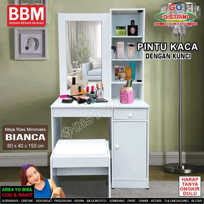 Meja Rias Minimalis Pintu Kaca ada Kunci Komplit Kursi tempat duduk Laci Lemari 0