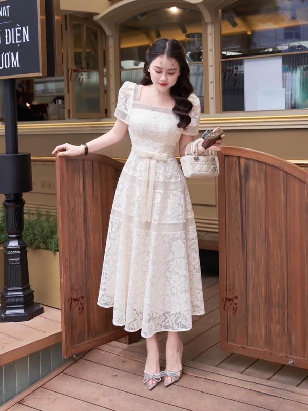 Váy ren thiết kế dáng dài vintage cổ vuông tay ngắn hai lớp chất ren sữa nơ eo sang chành phù hợp đi tiệc, đi chơi,đi làm V995 Nữ Women Voan Voi Dress có thể giặt máy sang trọng  đầm mặc đi chơi váy thường mặc có thể giặt máy hàn quốc đo trắng đễ thương