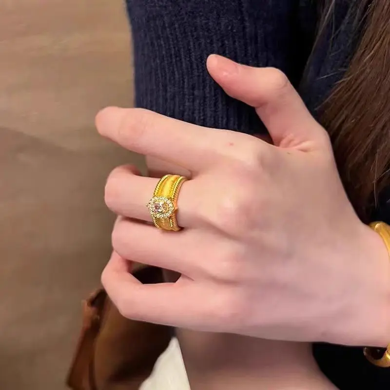 Gold Zircon Edge Bead Ring Heavy Industry Advanced Sense 0128