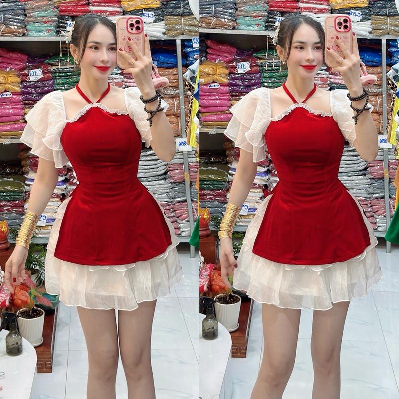  Mã C233 Sét Áo Cổ Yếm Xẻ Tà Có Mút Chất Nhung + Chân váy 3 Tầng Tơ Gãy   Huyền đồ bộ xinh Top Women Nữ 