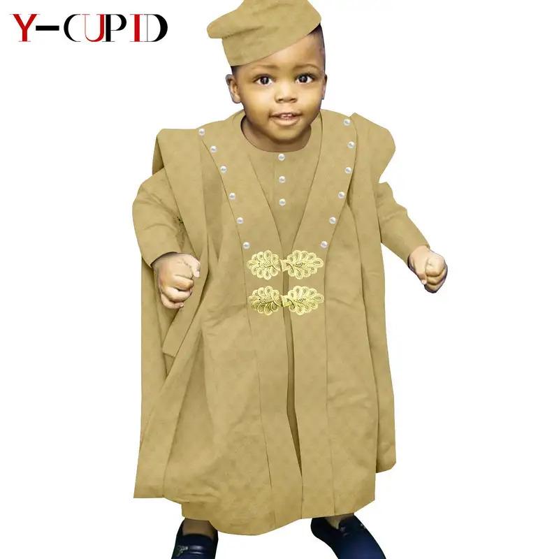 African Boy Outfit Bazin Riche Muslim Jacquard 4 Pieces Sets Tee Pant Robes and Cap Kids Children Suits Agbada Outwear Y234017 5