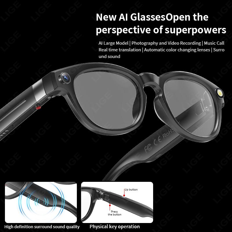 LIGE Smart AI Glasses 800W 4K HD Camera Shooting Video 290mAh Chat Voice Control Translation Bluetooth Call Color-change Lenses