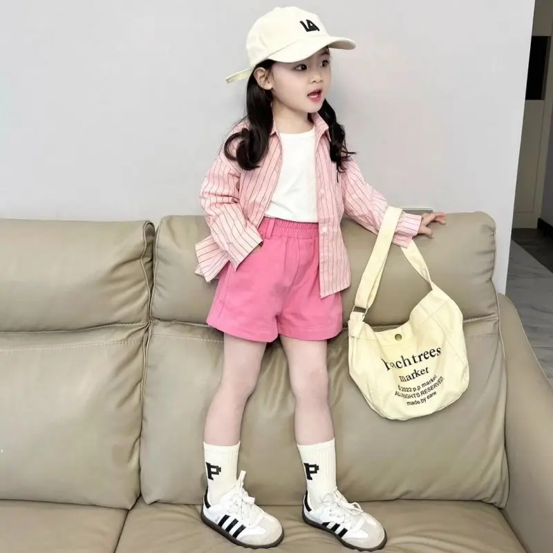 Quần Đùi Áo Sơ Mi Bé Gái, Dễ Phối Đồ Thời Trang, Áo Khoác Trẻ Em, Áo Cardigan Sọc Thường Ngày Cho Bé Gái, Thích Hợp Cho Mùa Xuân, Mùa Thu Và Mùa Hè, Hàng Mới Về