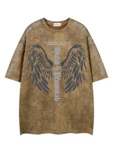 Men's Retro Style Letter & Wings Print  Washed Distressed Round Neck Tee, Loose Vintage Trendy Casual Comfy  Half Sleeve  Crew Neck T-shirt for Summer, Men's Top for Daily Wear
