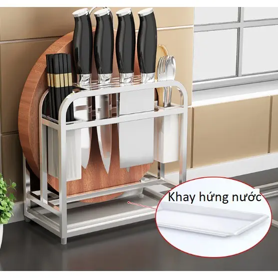 Kệ inox cao cấp để dao thớt, đũa tiện lợi có khay hứng nước