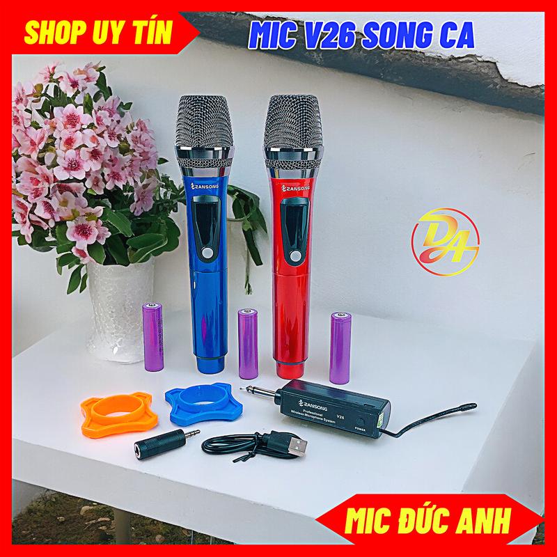 Cặp Mic Không Dây V26 Kết Hợp Được Loa Kéo Âm Ly Sound Card Mixer Sử Dụng Pin Sạc Không Cần Thay Pin Mic Cầm Tay Hút Nhẹ