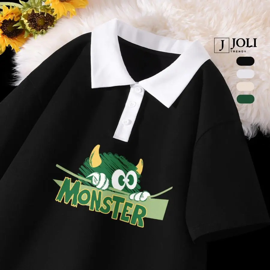 Áo Polo Nữ, Polo Nam Nữ Unisex By JOLI Mã PL Monster Form Rộng Tay Lỡ Menswear Cotton