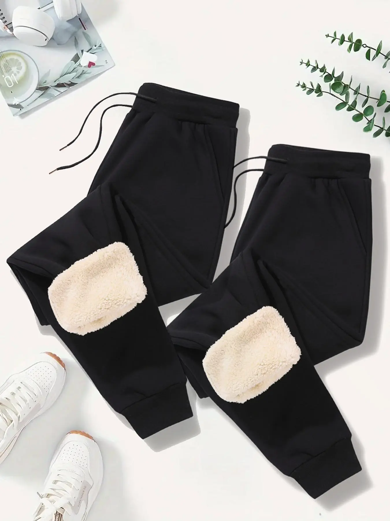 Women's Solid Drawstring Waist Thermal Lined Sweatpants, Casual Pocket Design Jogger Pants for Fall & Winter, Women's Trousers for Daily Wear