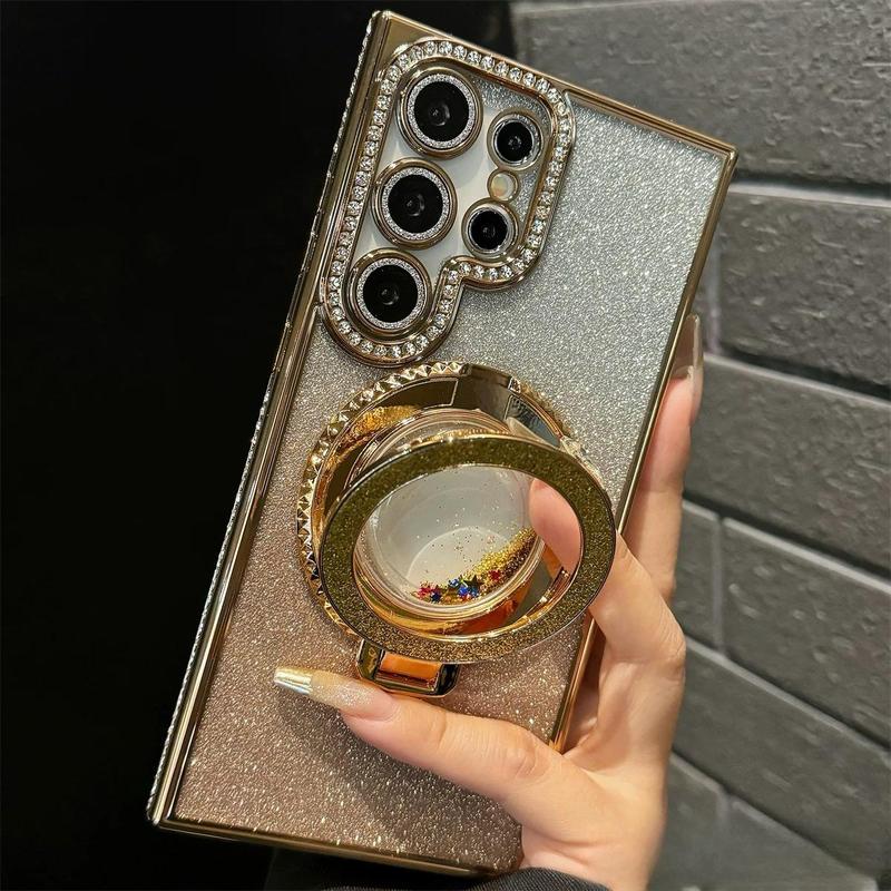 Product Introduction of Rhinestone Decor Phone Case with Ring Holder, 1 Count Magnetic Phone Protective Cover, Phone Accessories Compatible with Samsung Series 4