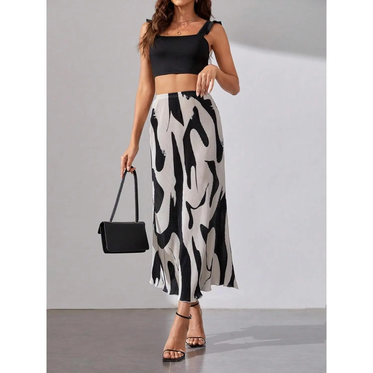 Skirt Maxi Panjang Wanita High Waist Pleated Corak Trendy & Kain Selesa untuk Gaya Kasual Musim Panas 2025