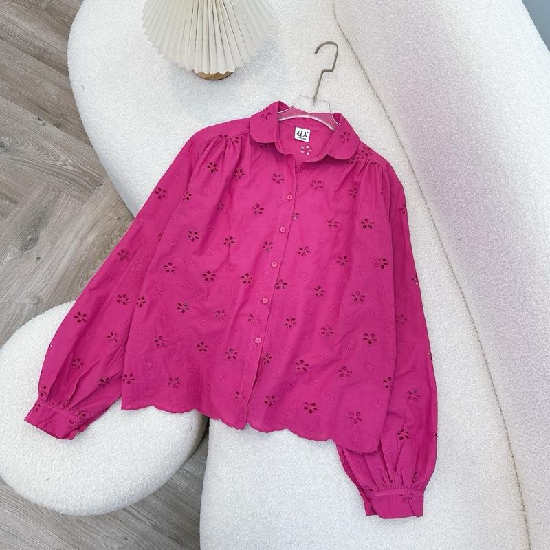 Áo sơ mi nữ cổ sen phối phô ren thêu hoa phong cách HQ