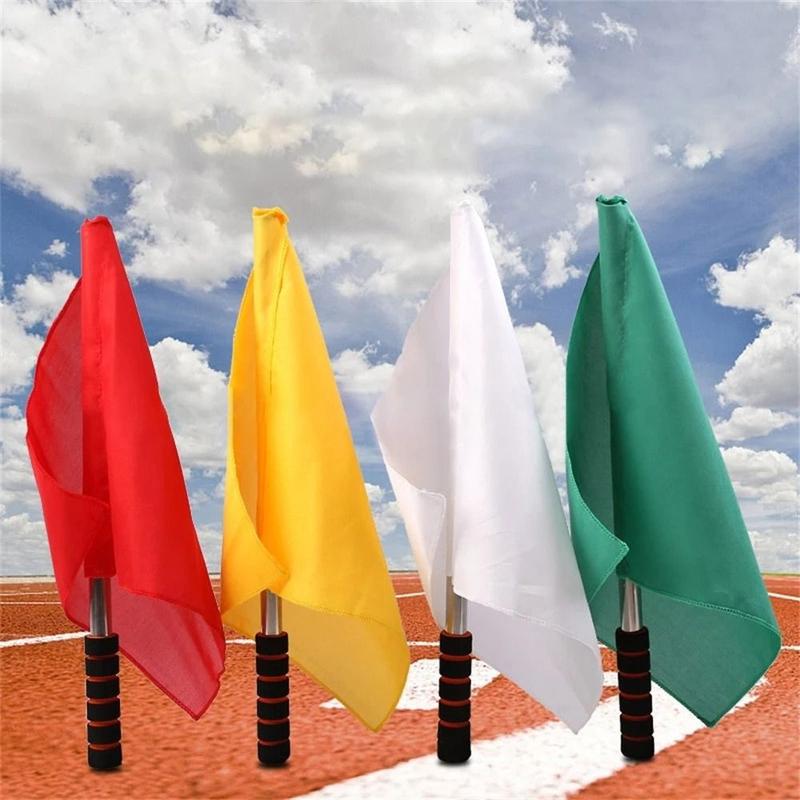 Product Introduction of Sports Equipment Red White Yellow Soccer Referee Flag Eye-catching Lightweight Linesman Flags Fair Play Sponge Handle Competition Signal Flag Traffic Flag 12