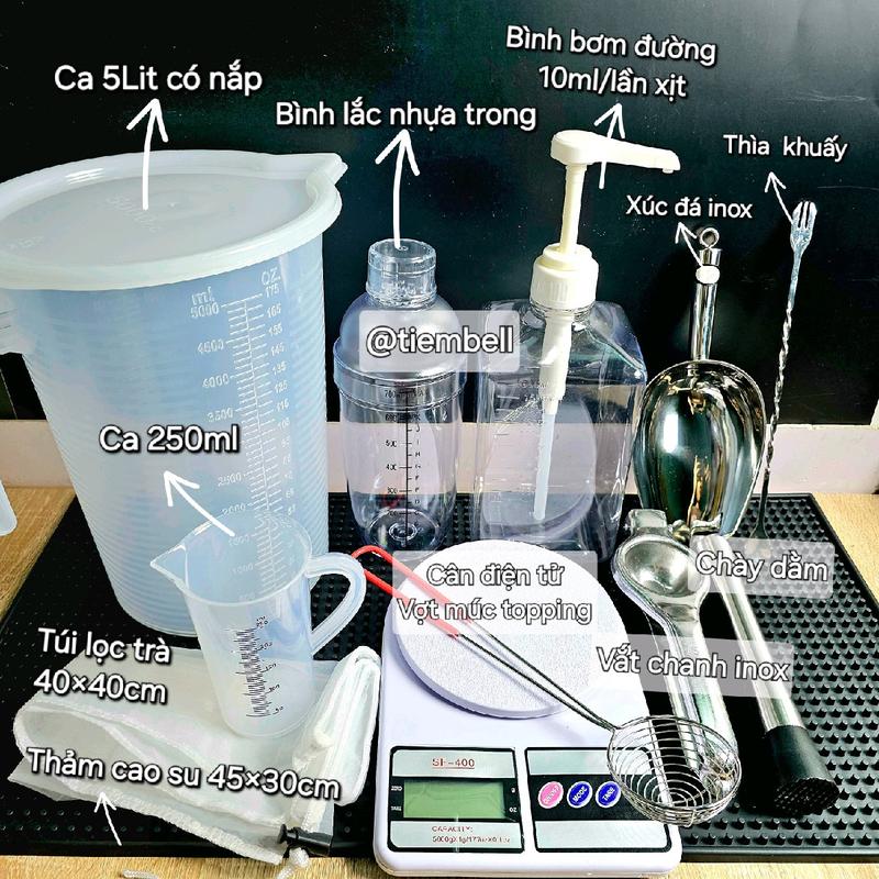 Combo 12 món dụng cụ để pha chế trà chanh trà tắc trà trái cây, chất liệu nhựa PP an toàn, inox không rỉ sét (bình lắc, ca 5lit, túi trà, cân điện tử, xúc đá, thìa khuấy, chày dầm, bình bơm đường, ép chanh, ca 250ml, vợt topping, thảm cao su)