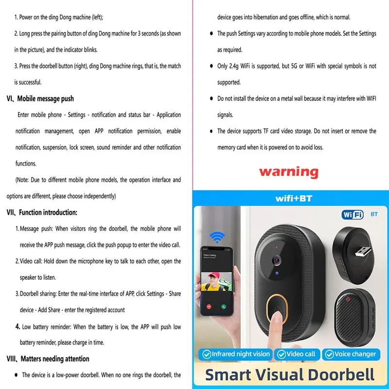 Wireless Smart Doorbell Camera, 1 Set USB Rechargeable Wireless Doorbell Camera with Night-Vision, 2.4G Wifi Video Doorbell Camera, Home Essentials 2