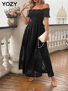 YOZY Women's Plain Off Shoulder Shirred Chiffon Dress, Casual Frill Trim A Line Dress for Summer, Women's Clothing for Daily Wear