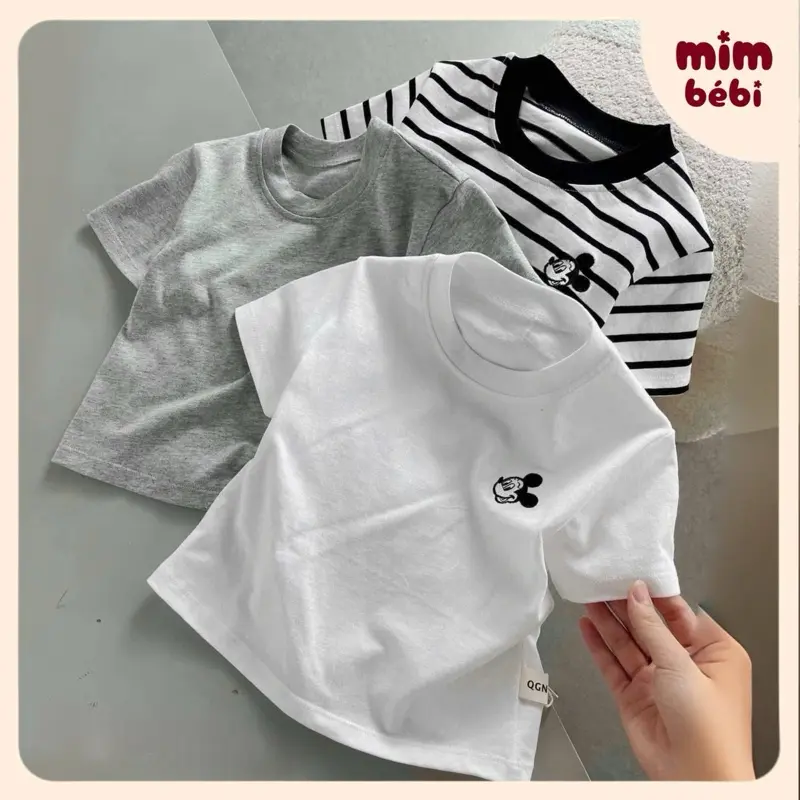 Combo set 3 áo phông cotton 4 chiều thêu mickey siêu xinh cho bé trai bé gái từ 8 đến 18kg