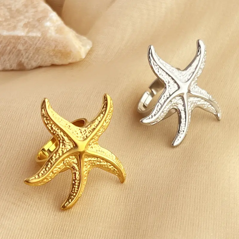 Ocean Style Mid-Ancient Ring Stainless Steel 18K Gold Plating Open Personalized Starfish Vintage Ring