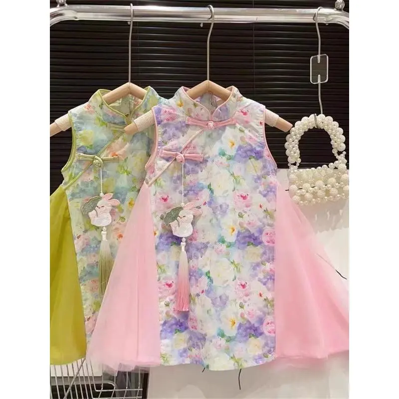 Dress Anak Perempuan Import Model Cheongsam Bunga Rabbit Brokat Tutu Kerah Tinggi Fashionable 1