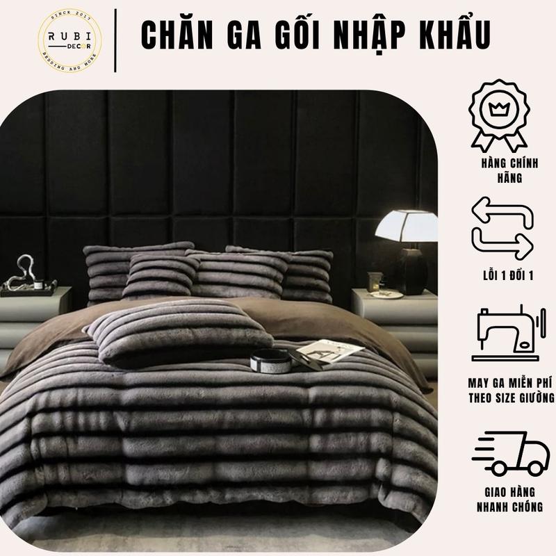 Bộ chăn ga gối nỉ nhung lông hồ ly cao cấp VVIP Rubi decor chăn ga 2 vỏ gối nằm bochang ago chăn ga